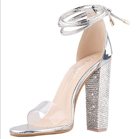 Silver Rhinestone Lace up Strap Block Heel - Picture 4 of 5